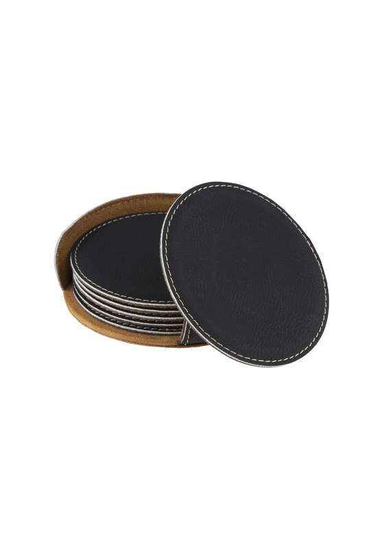 LZM 4in Black Leatherette 6 Coaster Set – Black