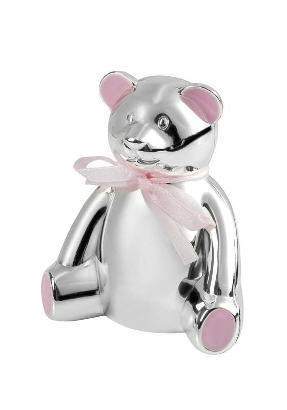 MB 4in Teddy Bear Money Box Pink Bow – Silver/Pink