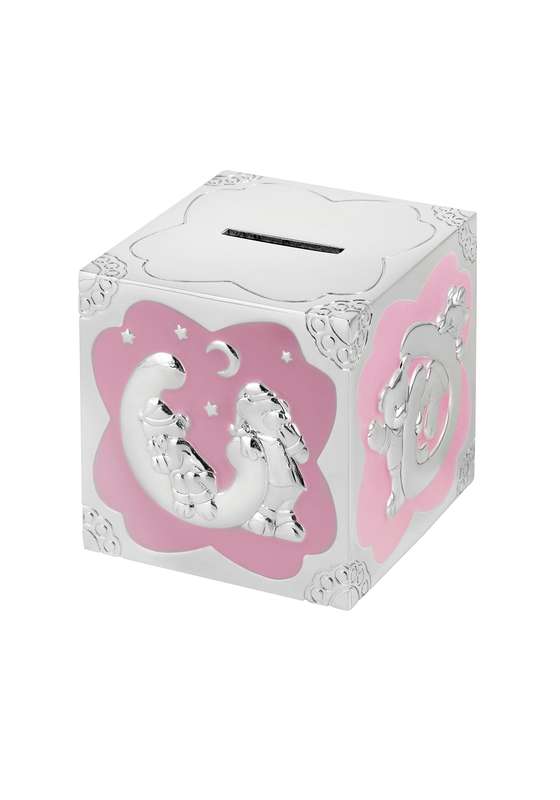 MB 2.75in Pink Enamel Teddy Cube Money Box – Silver/Pink