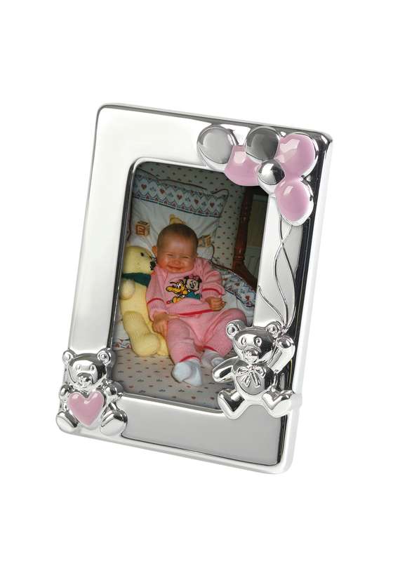 MB 4in Pink Enamel Teddy Photo Frame – Silver/Pink