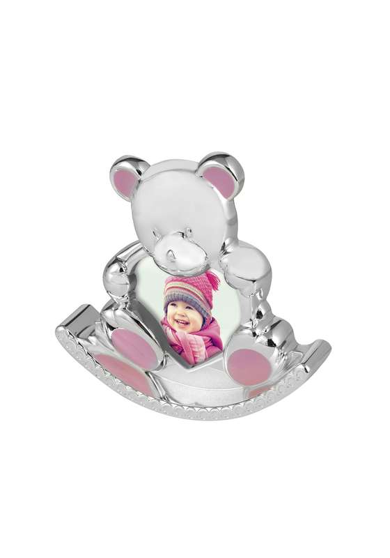 MB 5in Pink Enamel Rocking Teddy Photo Frame – Silver/Pink