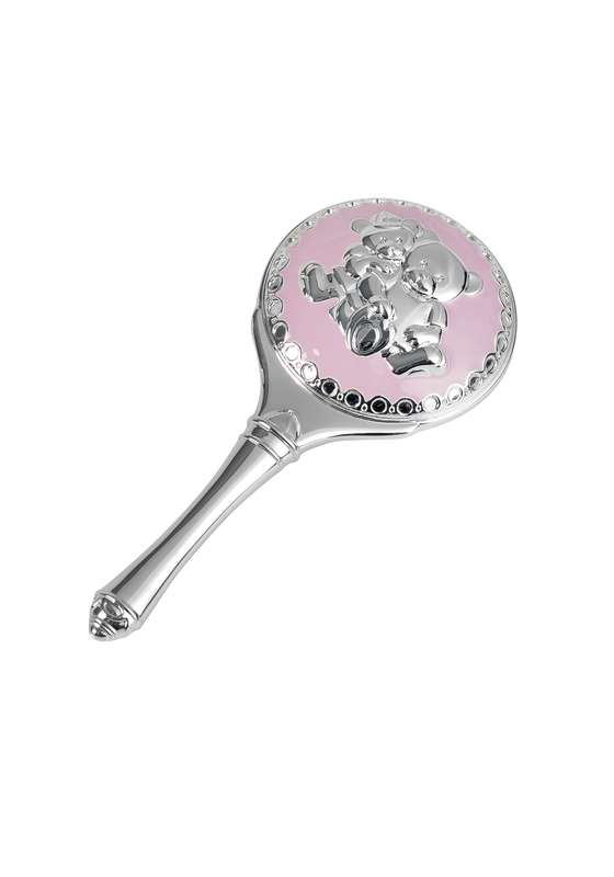 MB 5in Pink Enamel Teddy Rattle – Silver/Pink