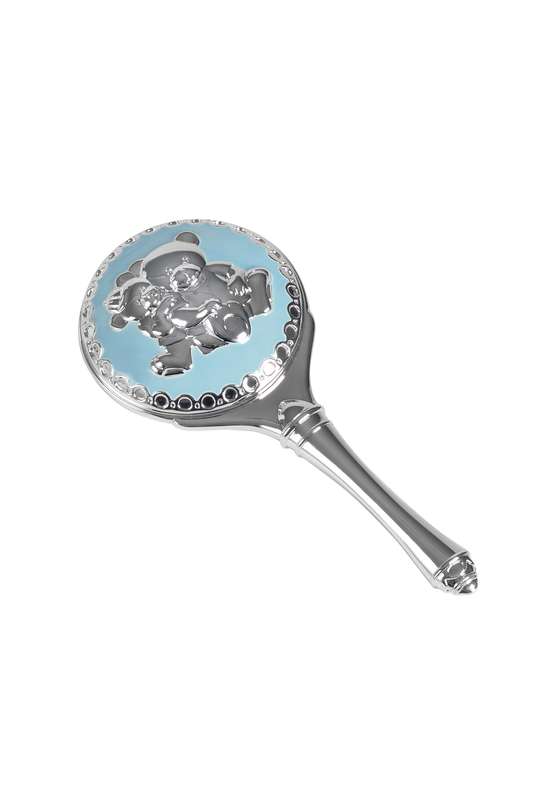 MB 5in Blue Enamel Teddy Rattle – Silver/Blue