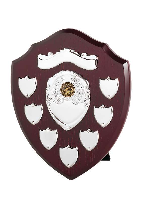 MC MB 10in Perpetual Shield Award – Scroll & 7 Side Shields – Brown