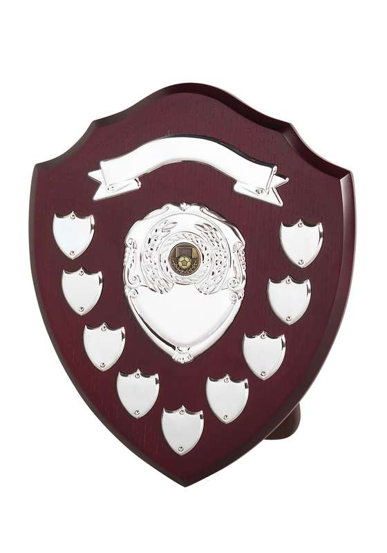 MC MB 12in Perpetual Shield Award – Scroll & 9 Side Shields – Brown