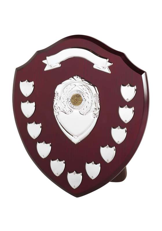 MC MB 14in Perpetual Shield Award – Scroll & 11 Side Shields – Brown
