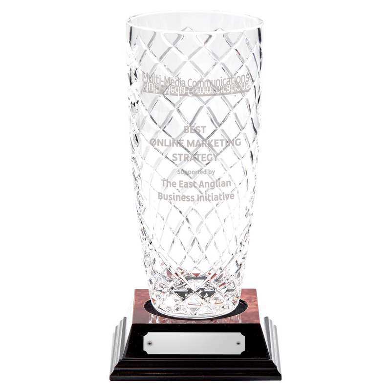 24% Lead Crystal Vase with Panel on Wood Base
