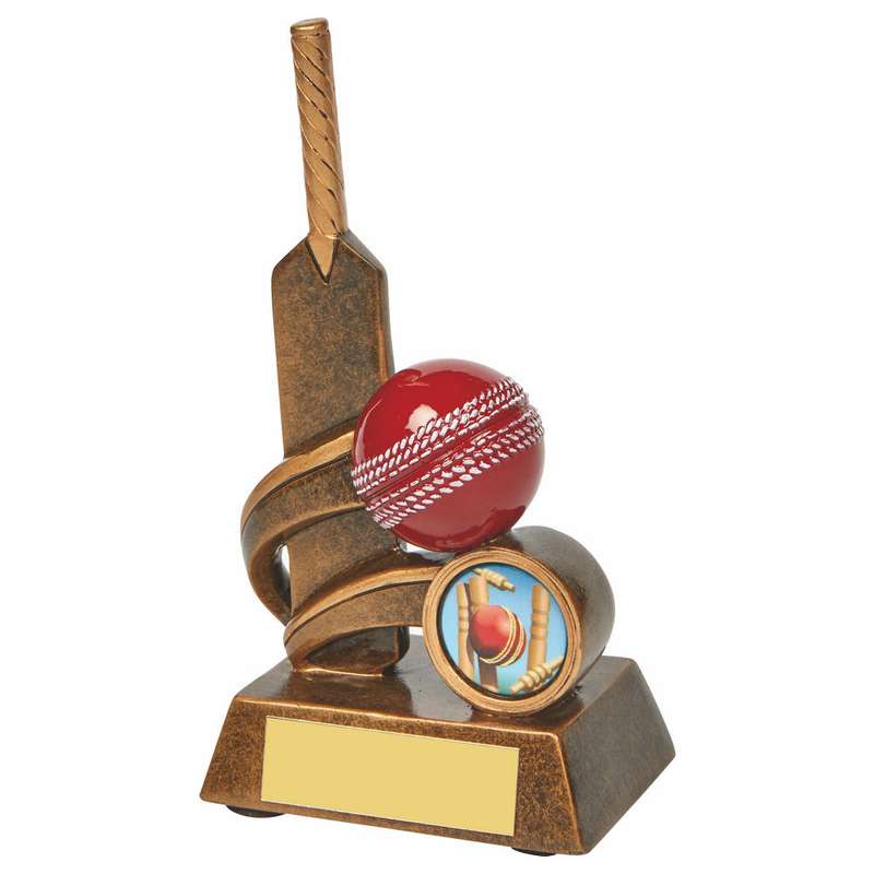 Resin Cricket Bat Trophy with Red Ball