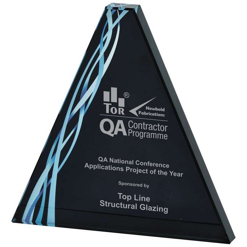 Triangular Blue Glass Award – Black Background