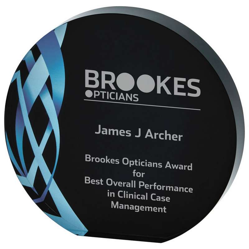 Circular Blue Glass Award – Black Background