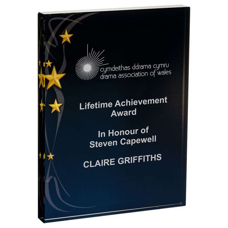 Rectangular Glass Award – Black Background with Gold Stars