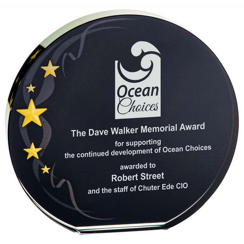 Circlular Glass Award – Black Background with Gold Stars