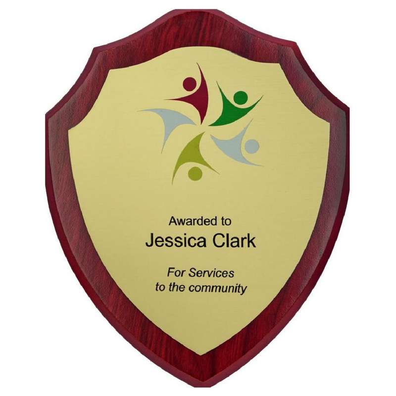 Wood Shield Award with Colour Laminate Front – PLEASE SPECIFY COLOUR IN NOTES